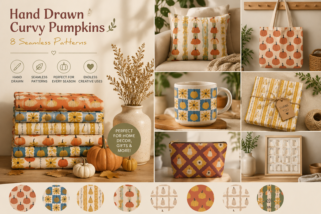 Hand Drawn Curvy Pumpkin Seamless Patterns, 8 Autumn Digital Papers, PNG & JPG