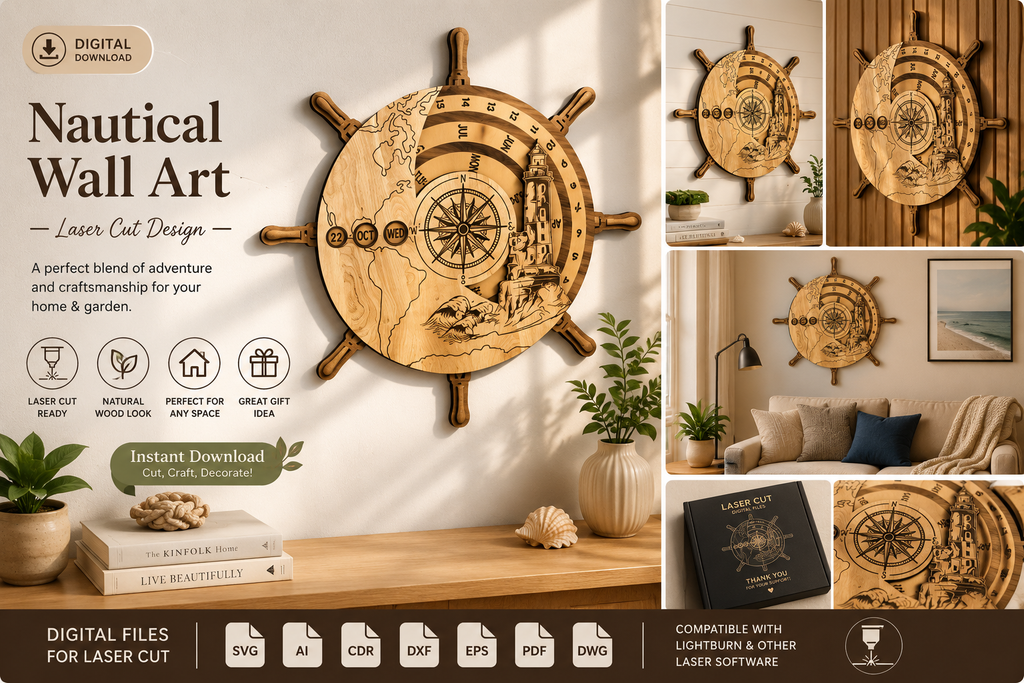 Nautical Perpetual Calendar Ship Wheel SVG Bundle | 3D Laser Cut Digital Files