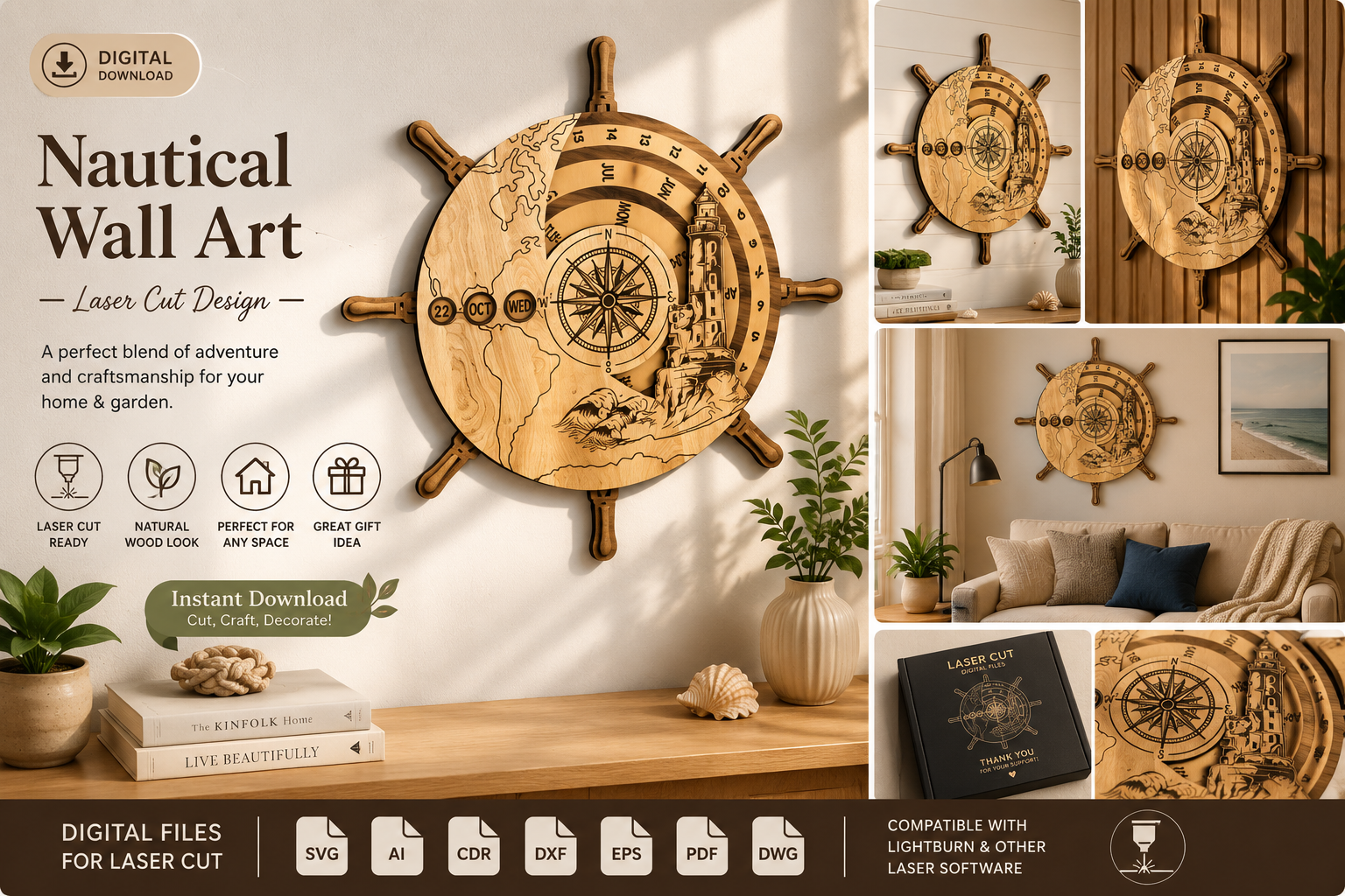 Nautical Perpetual Calendar Ship Wheel SVG Bundle | 3D Laser Cut Digital Files