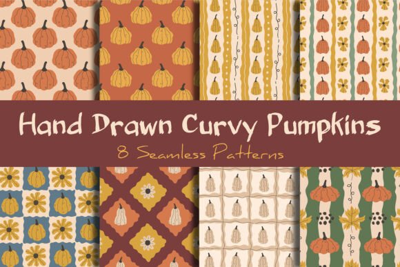 Hand Drawn Curvy Pumpkin Seamless Patterns, 8 Autumn Digital Papers, PNG & JPG