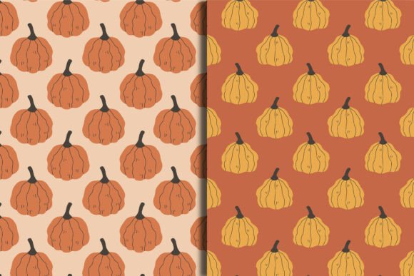 Hand Drawn Curvy Pumpkin Seamless Patterns, 8 Autumn Digital Papers, PNG & JPG