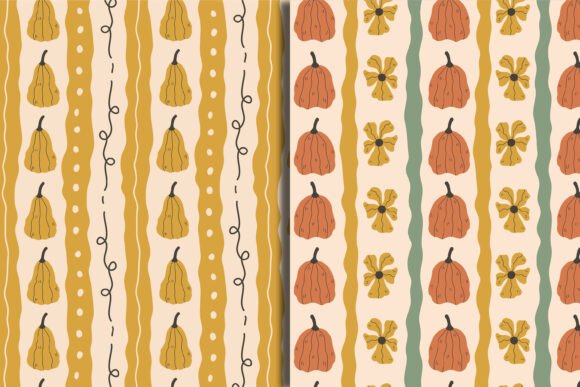 Hand Drawn Curvy Pumpkin Seamless Patterns, 8 Autumn Digital Papers, PNG & JPG