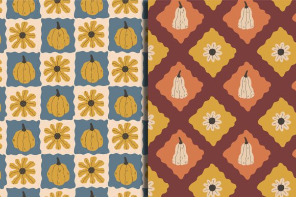 Hand Drawn Curvy Pumpkin Seamless Patterns, 8 Autumn Digital Papers, PNG & JPG