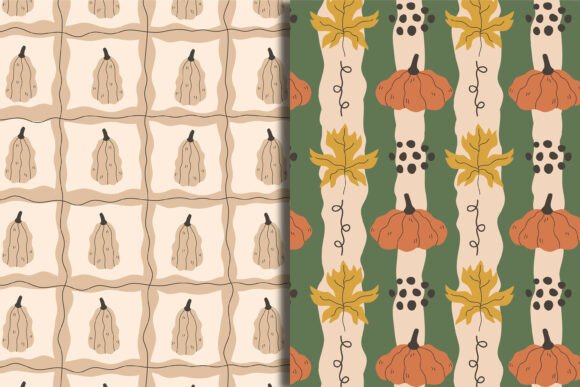 Hand Drawn Curvy Pumpkin Seamless Patterns, 8 Autumn Digital Papers, PNG & JPG
